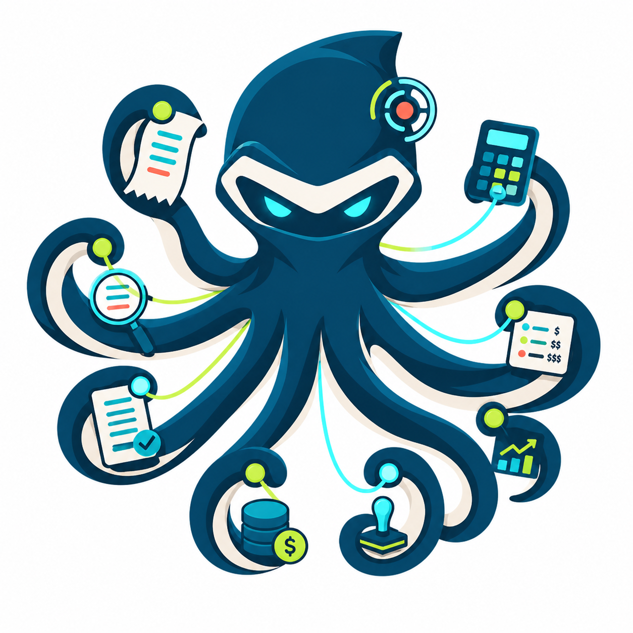 Billopus holding eight billing-operation tools: tariff sheet, calculator, usage search, radar, margin chart, database, checked invoice and approval stamp